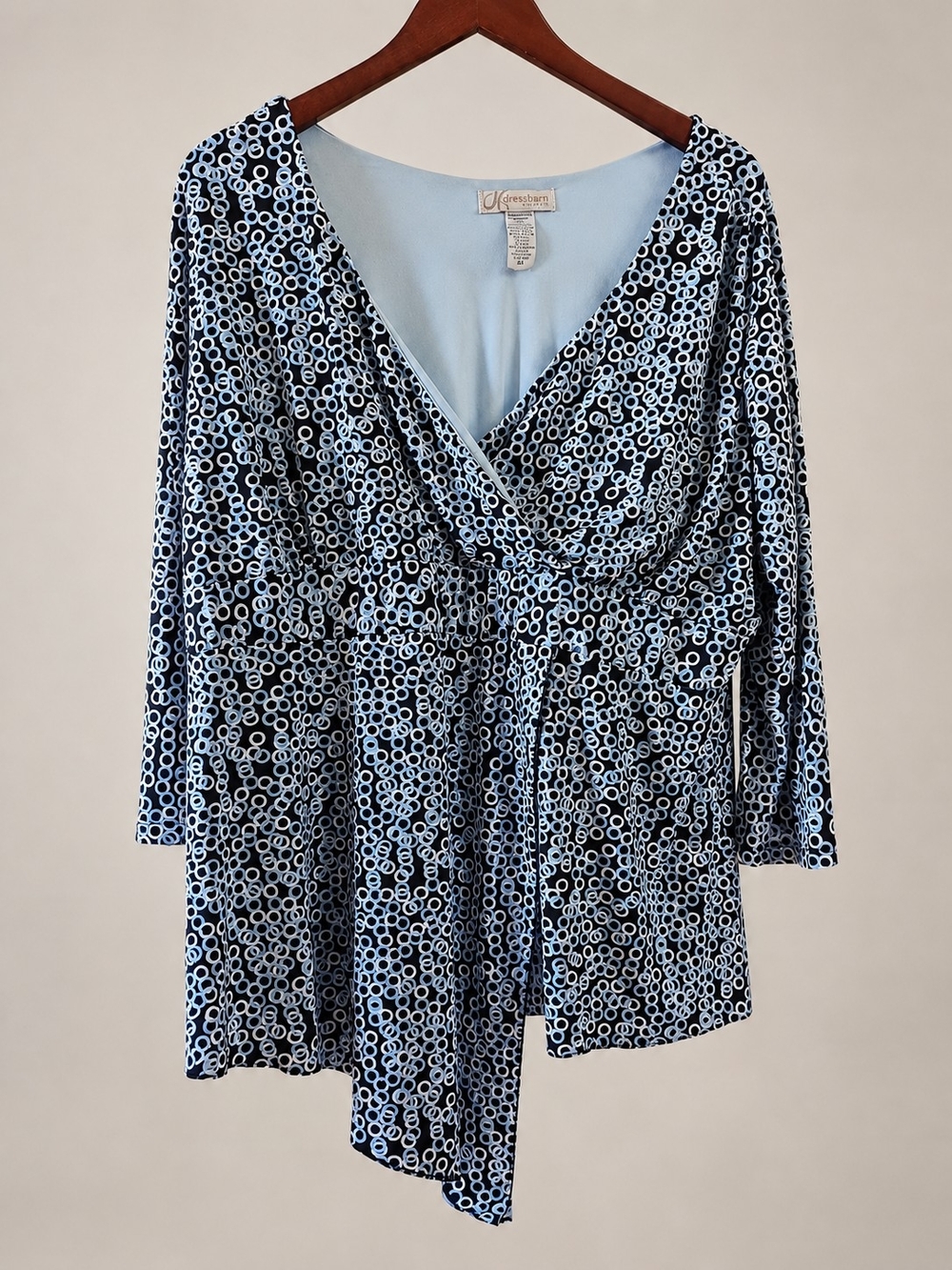 Dressbarn Light Blue & Navy Patterned Wrap Top